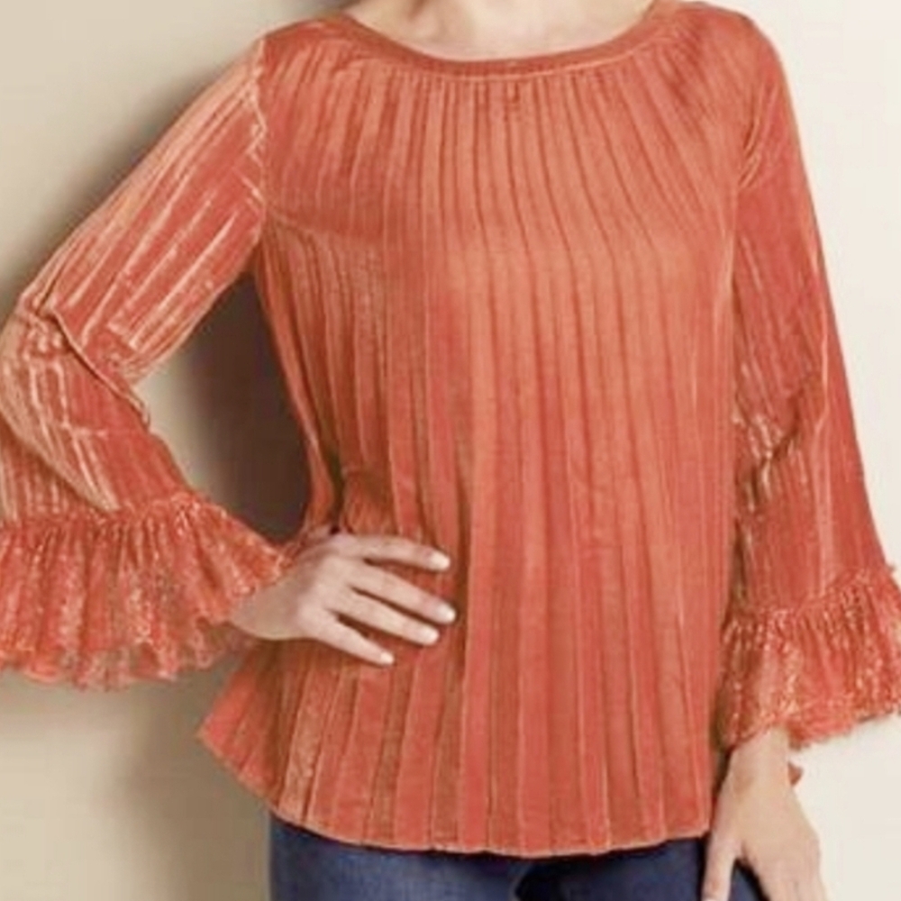 Soft Surroundings Women's Orange Velvet Pleated Blouse Lace Boho Fall XL